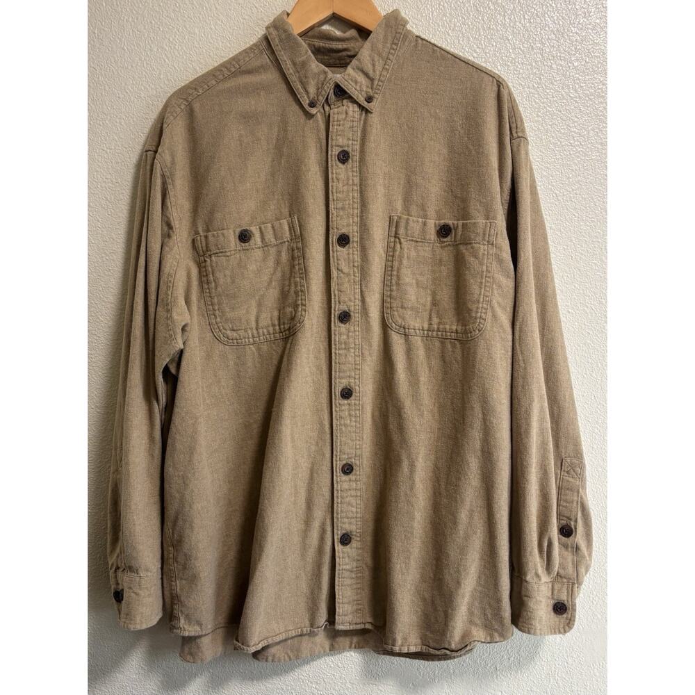 Duluth Trading XL Soft Flannel Shirt Relaxed Fit Button Down Pockets Beige Tan - Picture 2 of 9
